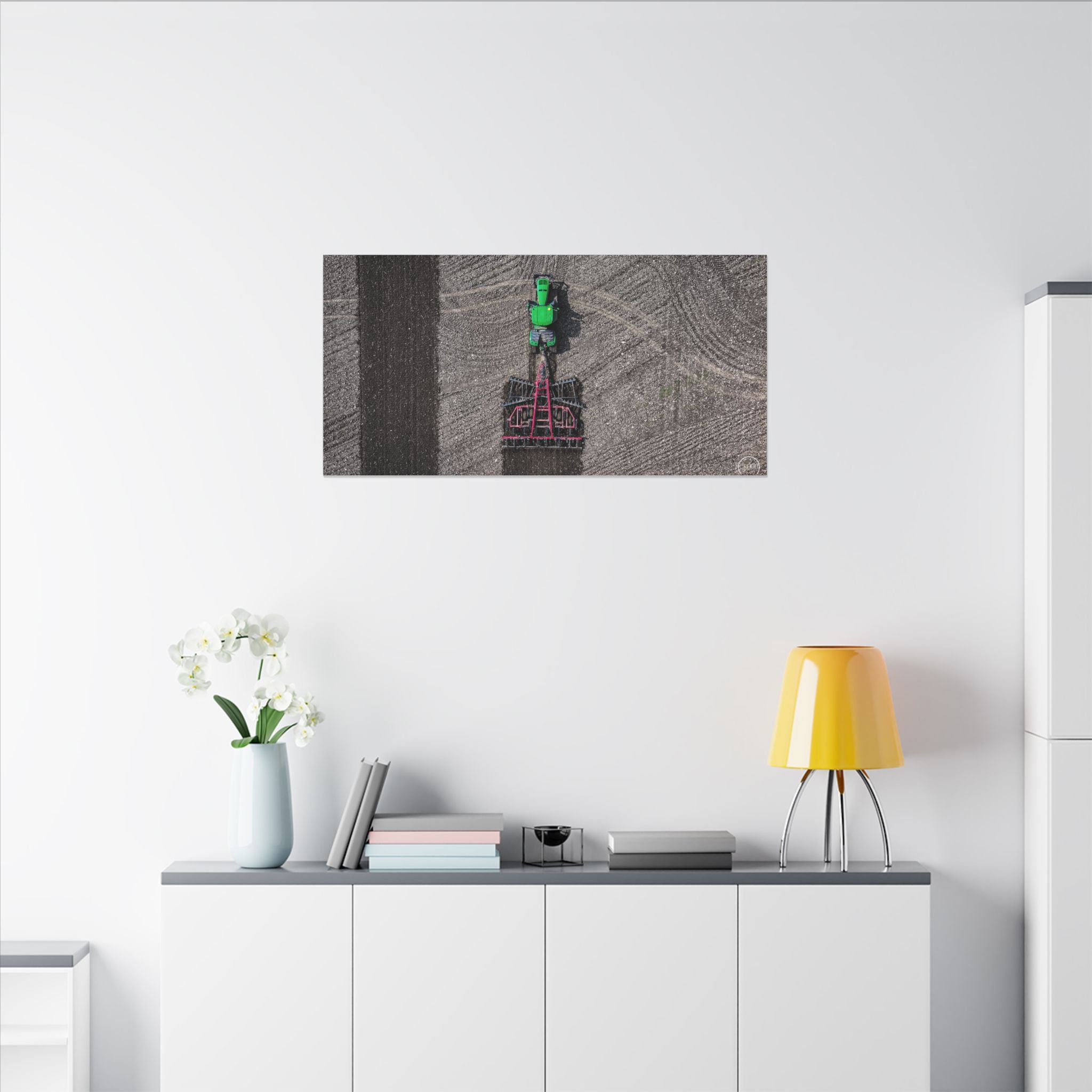 Tractor Aerial Matte Canvas Print — Aerial Farm Machinery Wall Art