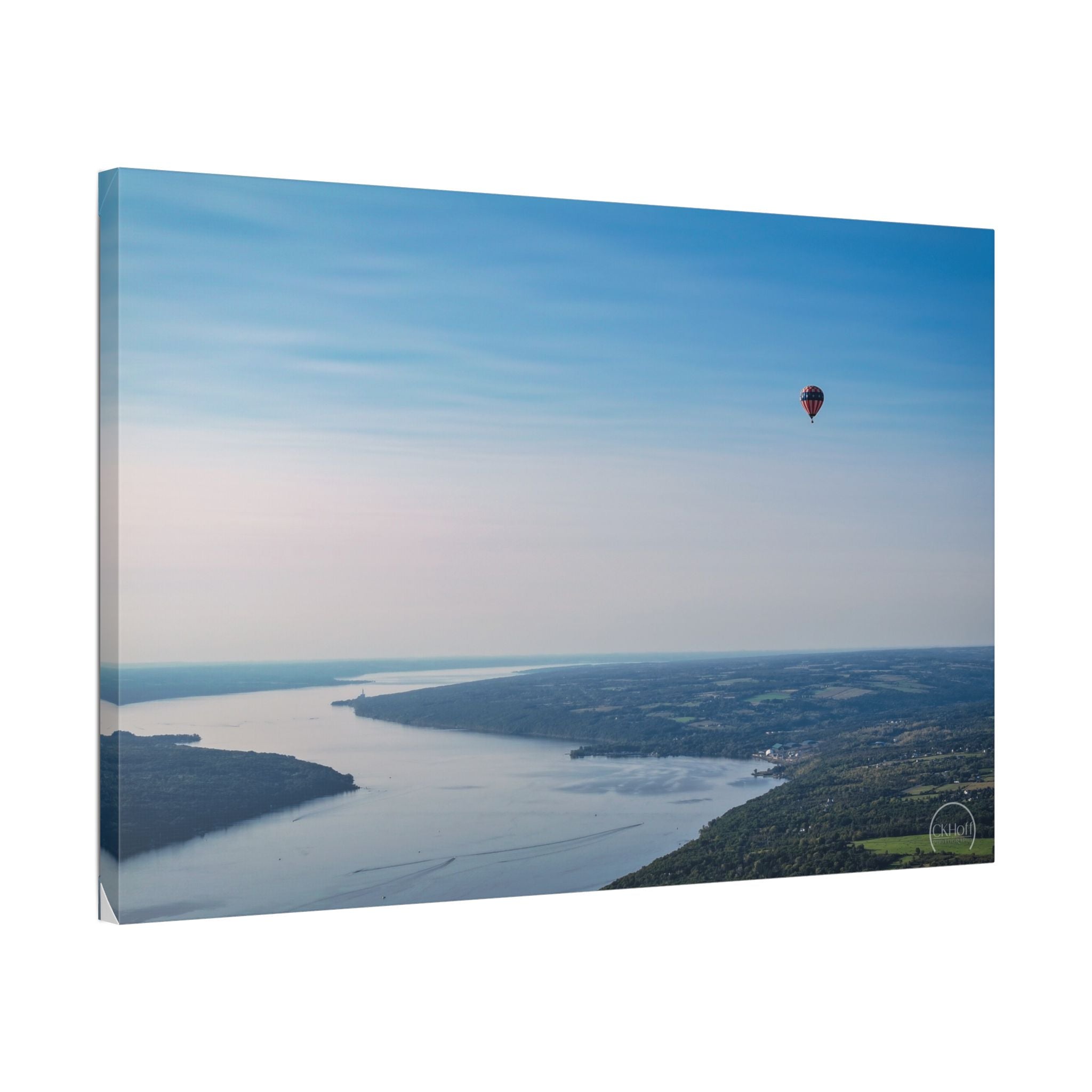 Hot Air Balloon Over Lake Canvas Print — Serene Aerial Landscape Wall Art