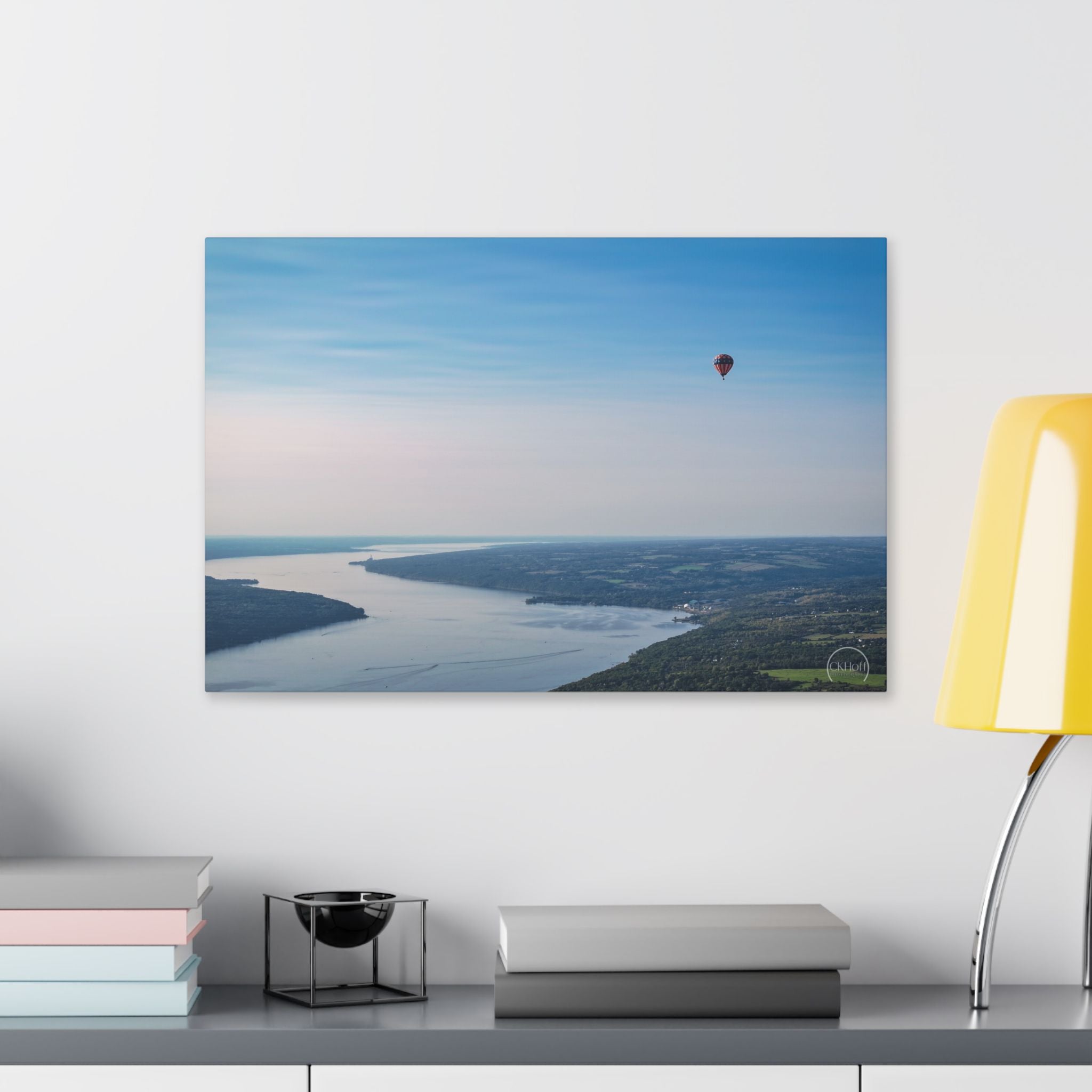 Hot Air Balloon Over Lake Canvas Print — Serene Aerial Landscape Wall Art
