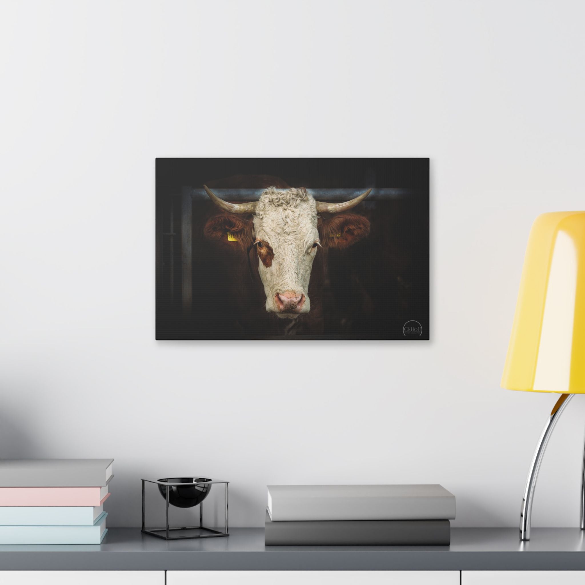Horned Cow Portrait Canvas — Rustic Farmhouse Wall Art