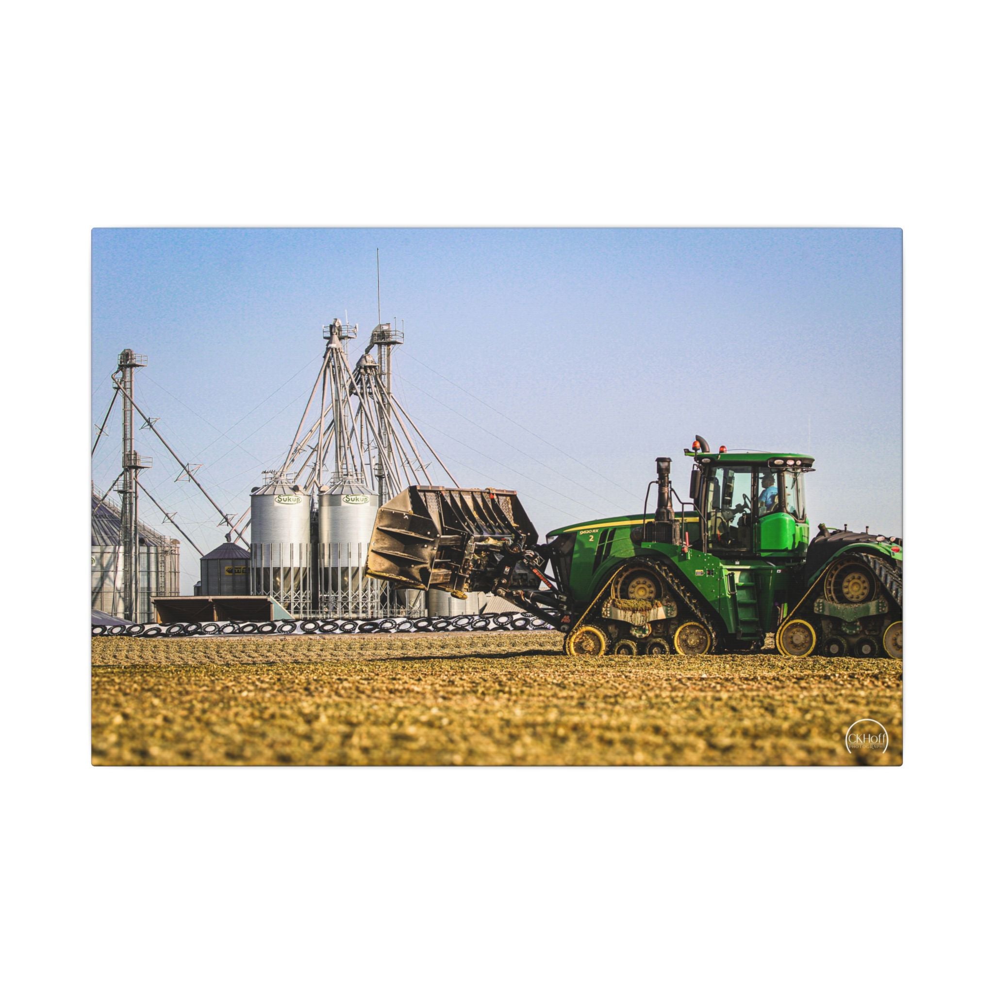 Farm Tractor Canvas Print — Green Tractor & Grain Silos Matte Wall Art