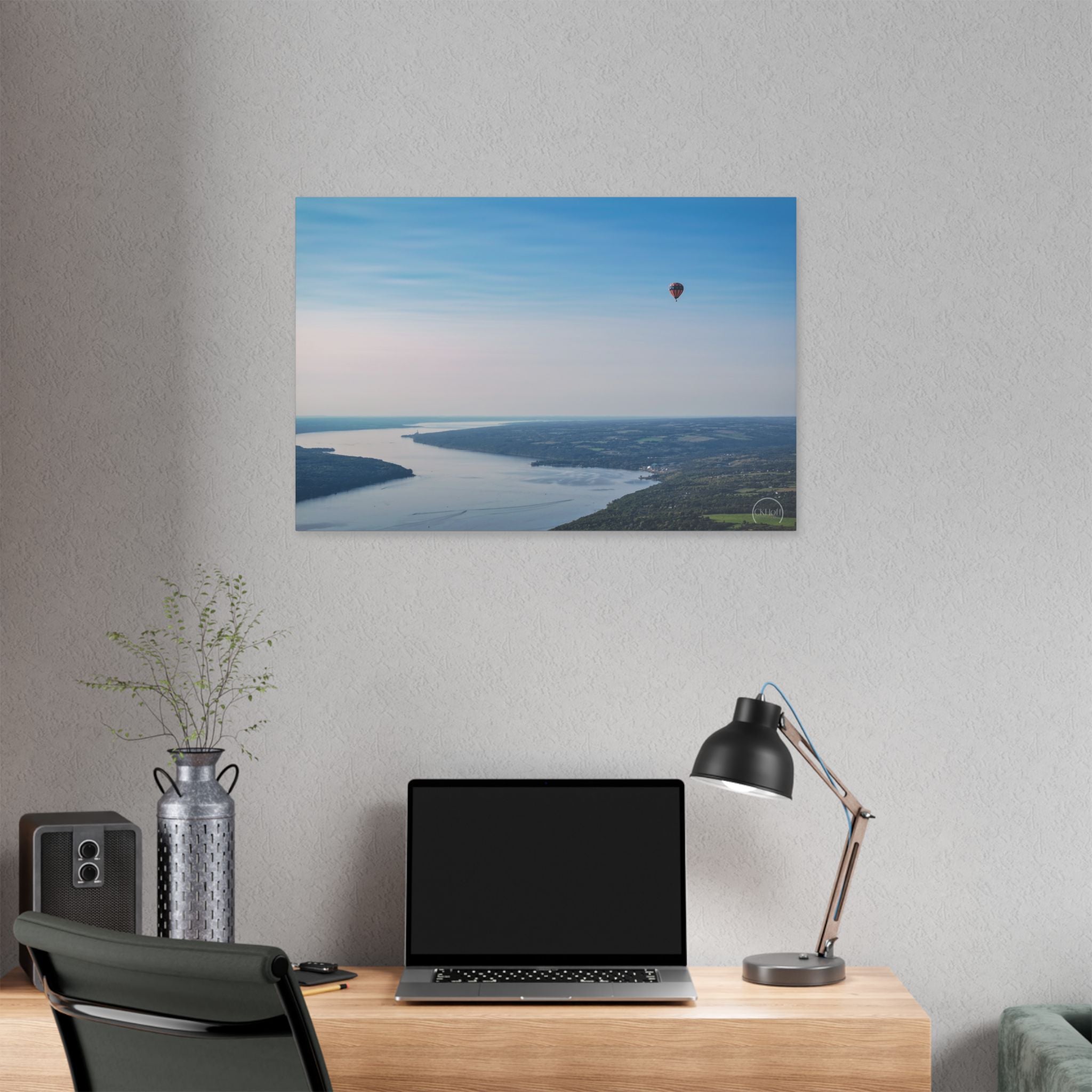 Hot Air Balloon Over Lake Canvas Print — Serene Aerial Landscape Wall Art