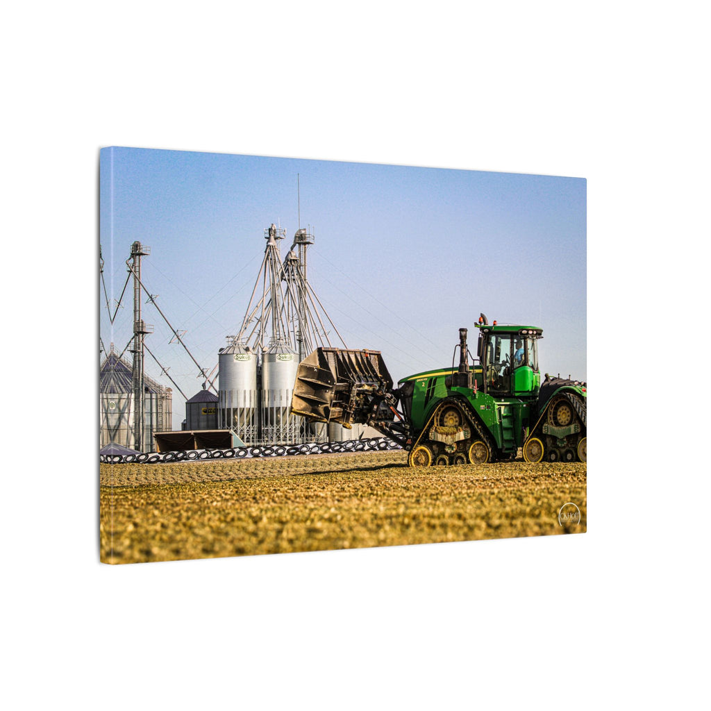 Farm Tractor Canvas Print — Green Tractor & Grain Silos Matte Wall Art