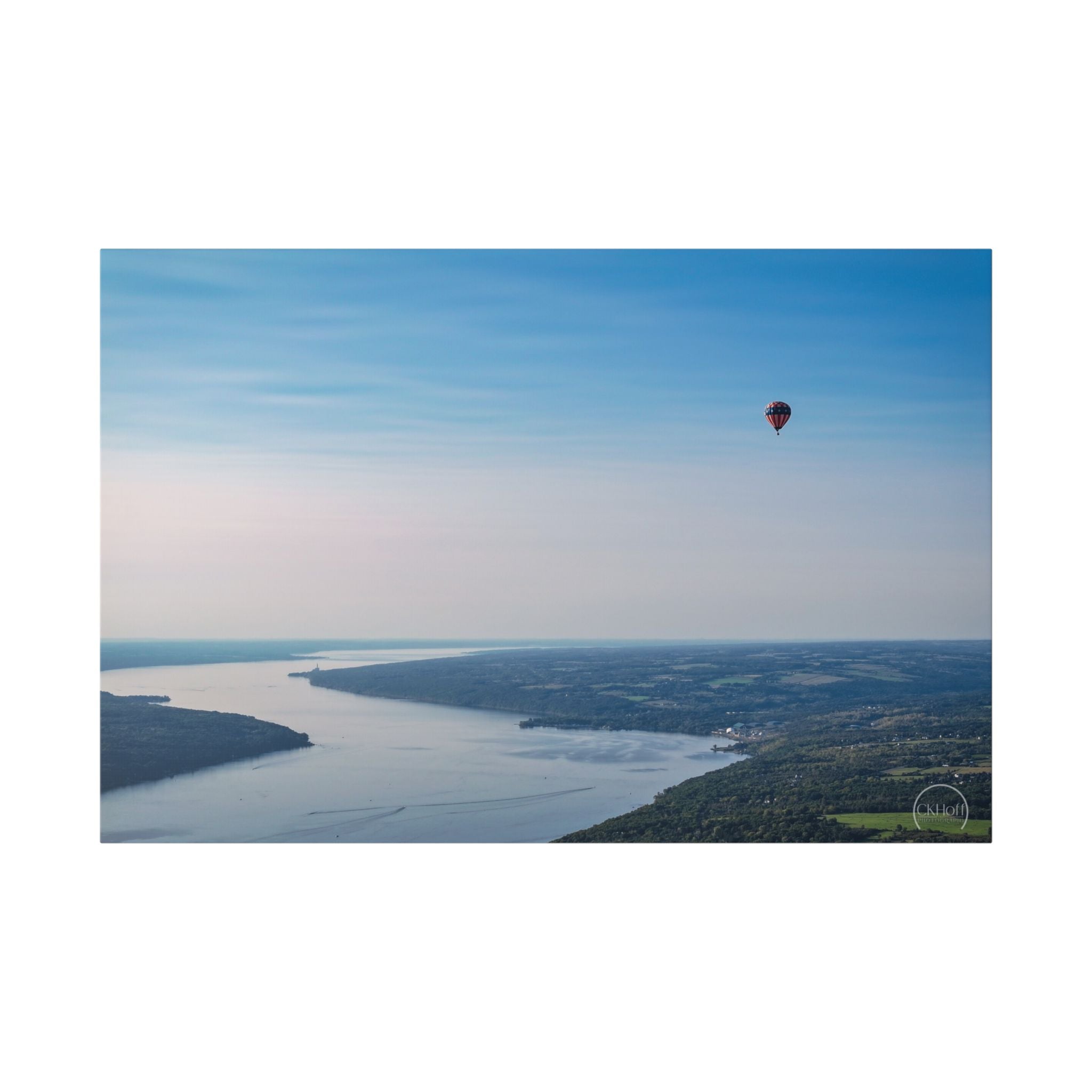 Hot Air Balloon Over Lake Canvas Print — Serene Aerial Landscape Wall Art