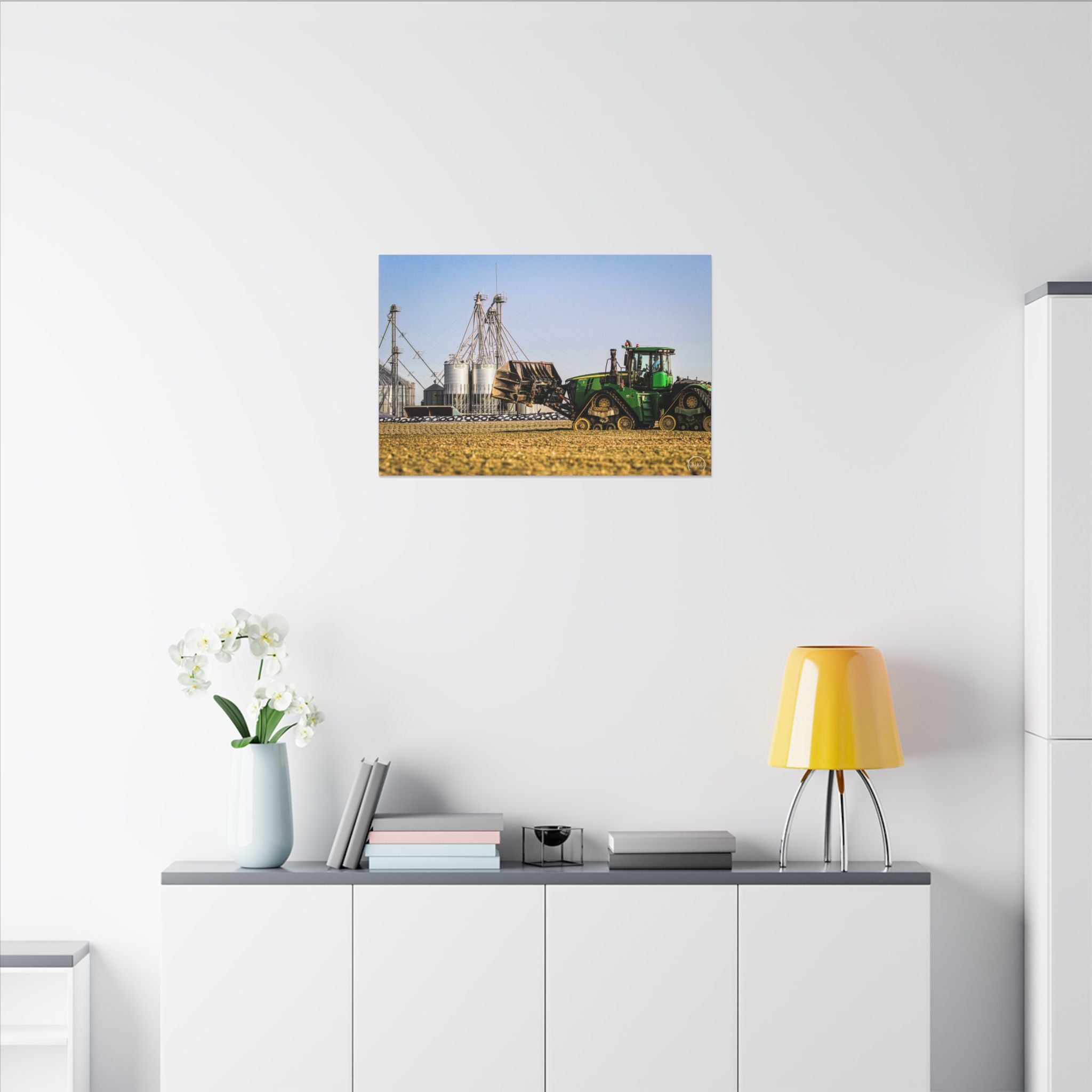 Farm Tractor Canvas Print — Green Tractor & Grain Silos Matte Wall Art